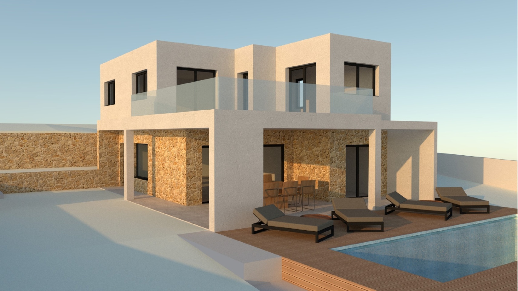 Rendu architectural d'une villa moderne avec murs en pierre naturelle, piscine bordée de bois et terrasse supérieure dotée de garde-corps en verre.