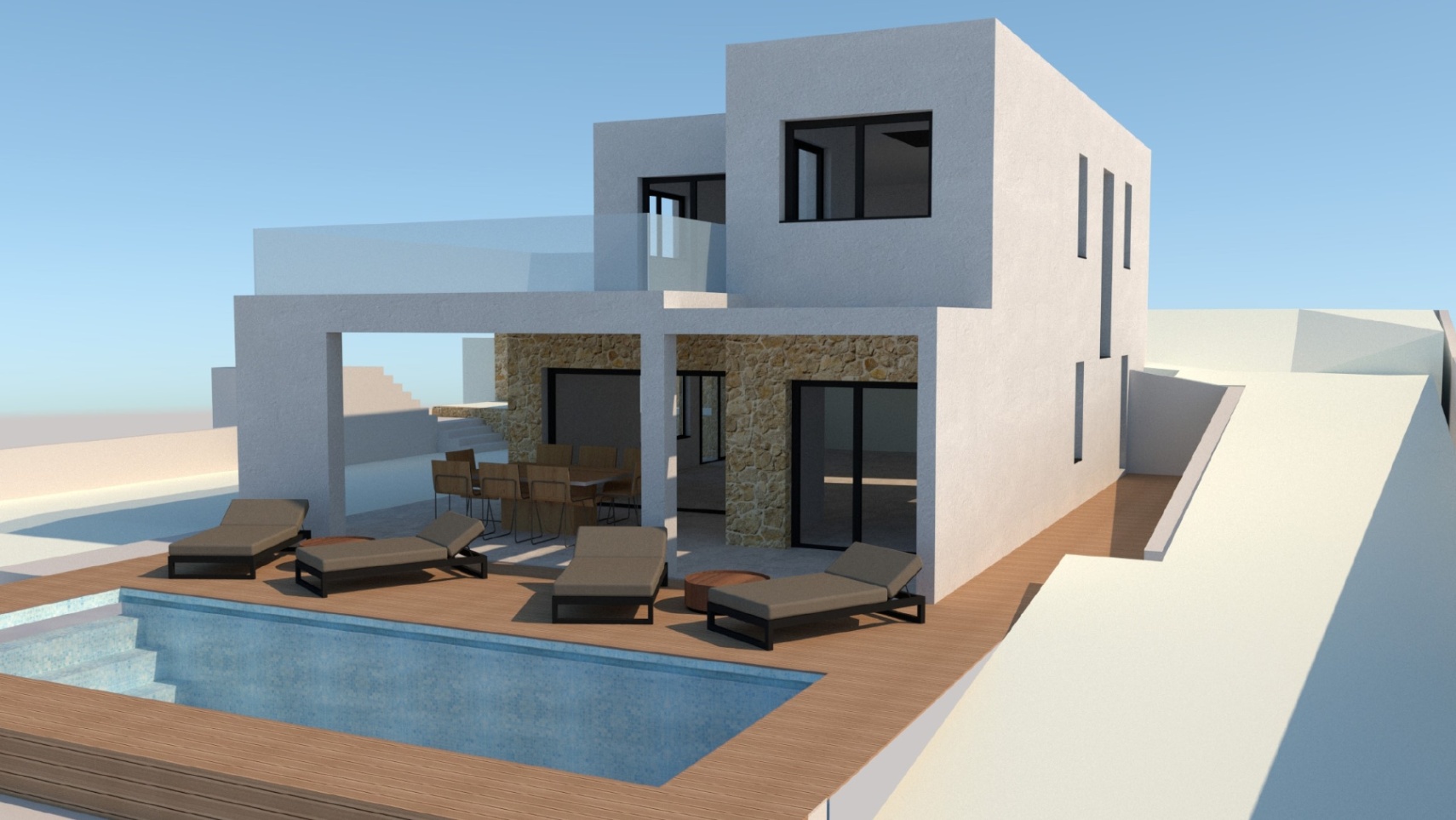Rendu extérieur d'une villa moderne avec piscine rectangulaire, terrasse en bois, coin repas couvert et façade blanche agrémentée de pierre naturelle.