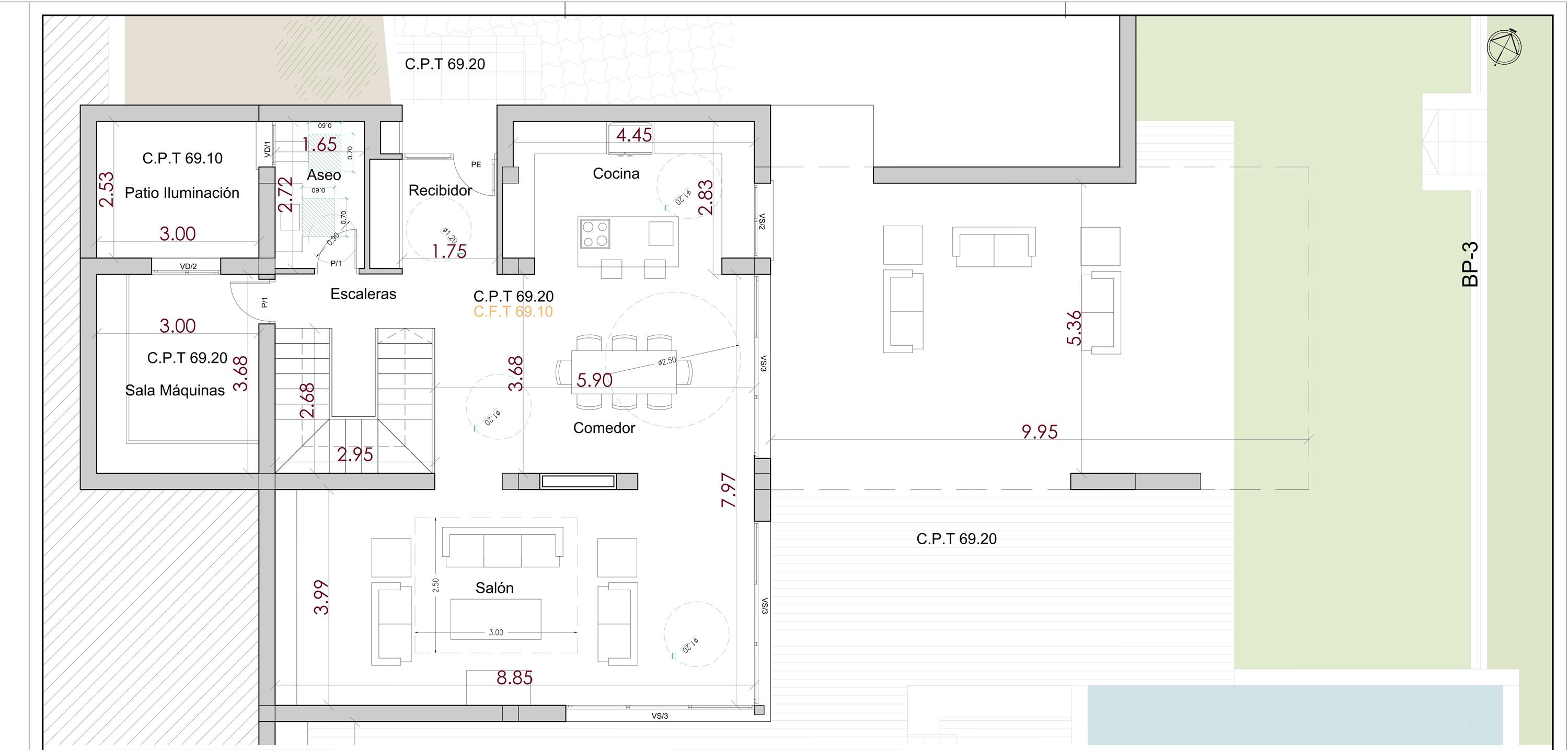 Plan d'architecte détaillé du rez-de-chaussée montrant la disposition ouverte du salon, de la salle à manger et de la cuisine avec accès à la terrasse.