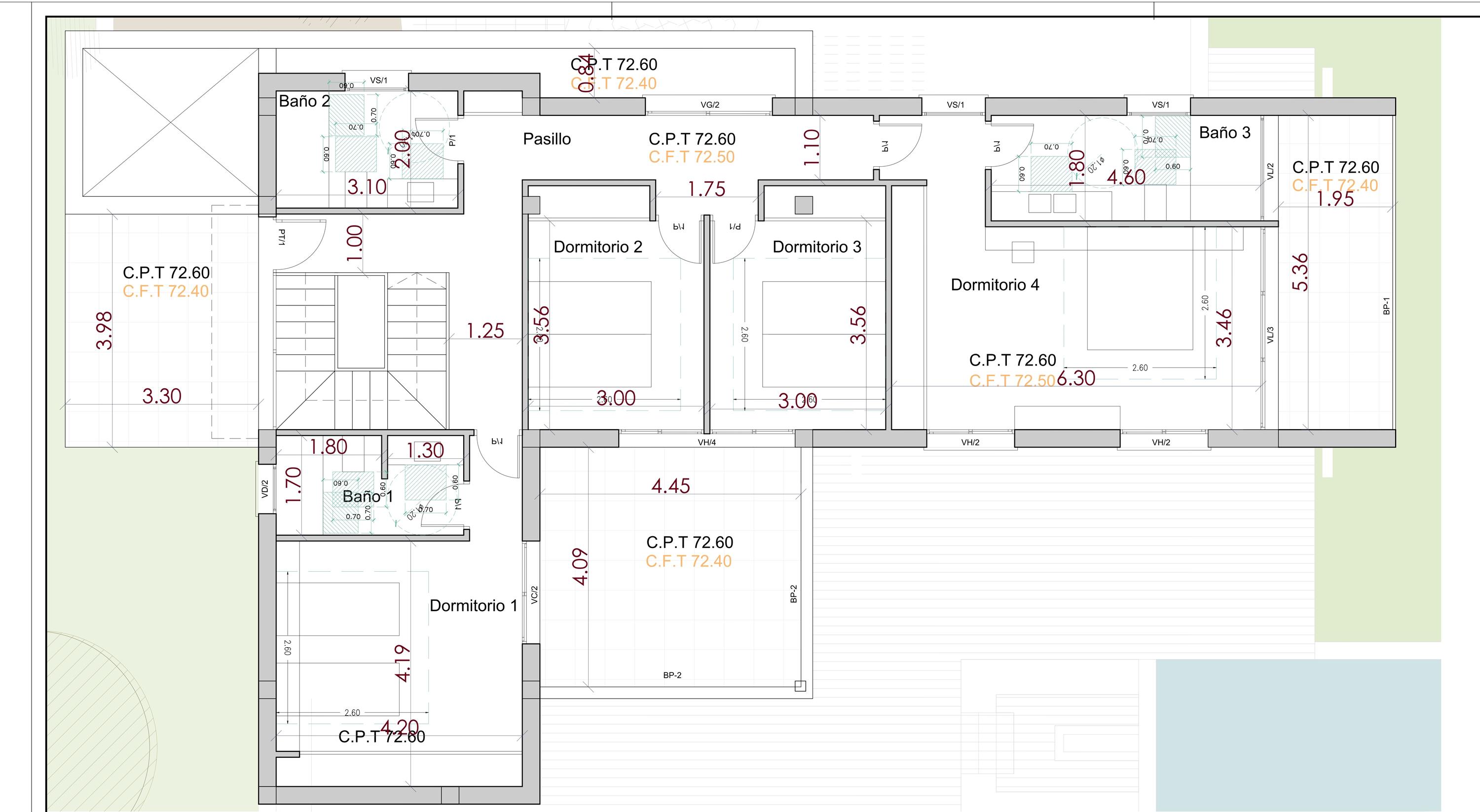 Plan technique de l'étage supérieur détaillant la disposition des quatre chambres, des trois salles de bains et l'accès aux terrasses extérieures.