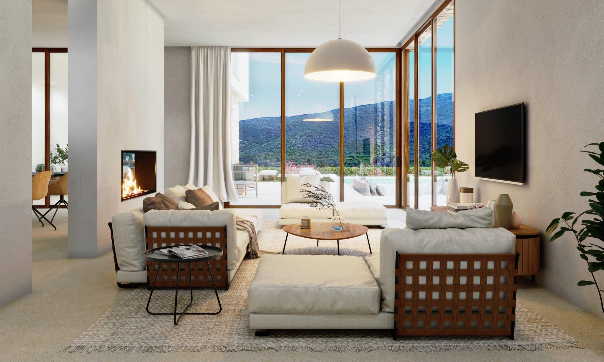 Salon de style ibizien avec cheminée intégrée, mobilier contemporain et grandes baies vitrées en bois offrant une vue panoramique sur la vallée et la piscine.