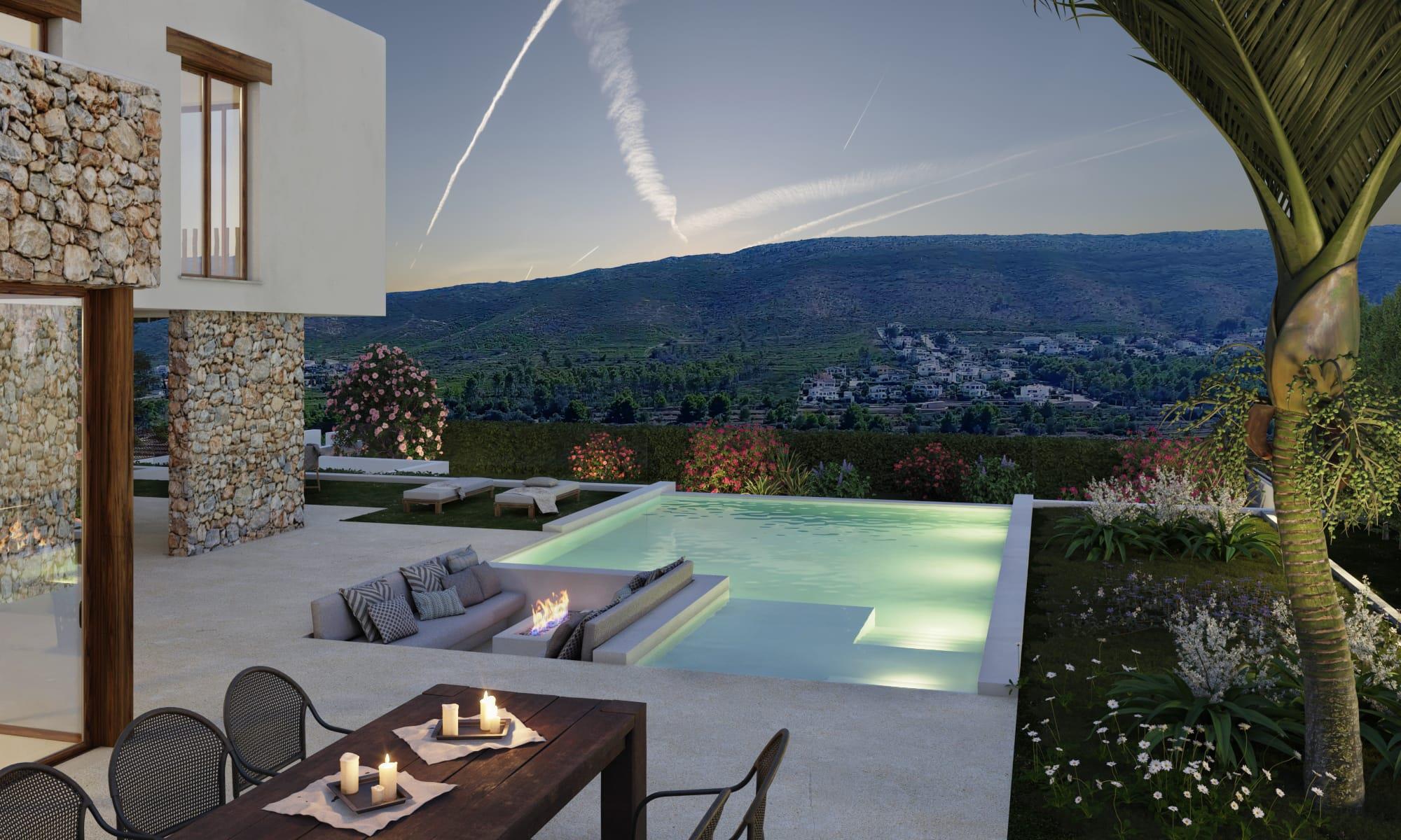 Terrasse extérieure avec piscine à débordement éclairée, salon encastré avec foyer au gaz et vue panoramique sur la vallée au crépuscule.