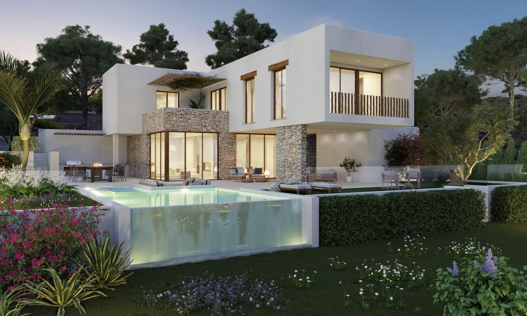 Vue extérieure de la villa avec façades en pierre naturelle, piscine à débordement avec paroi vitrée et jardins méditerranéens éclairés au crépuscule.