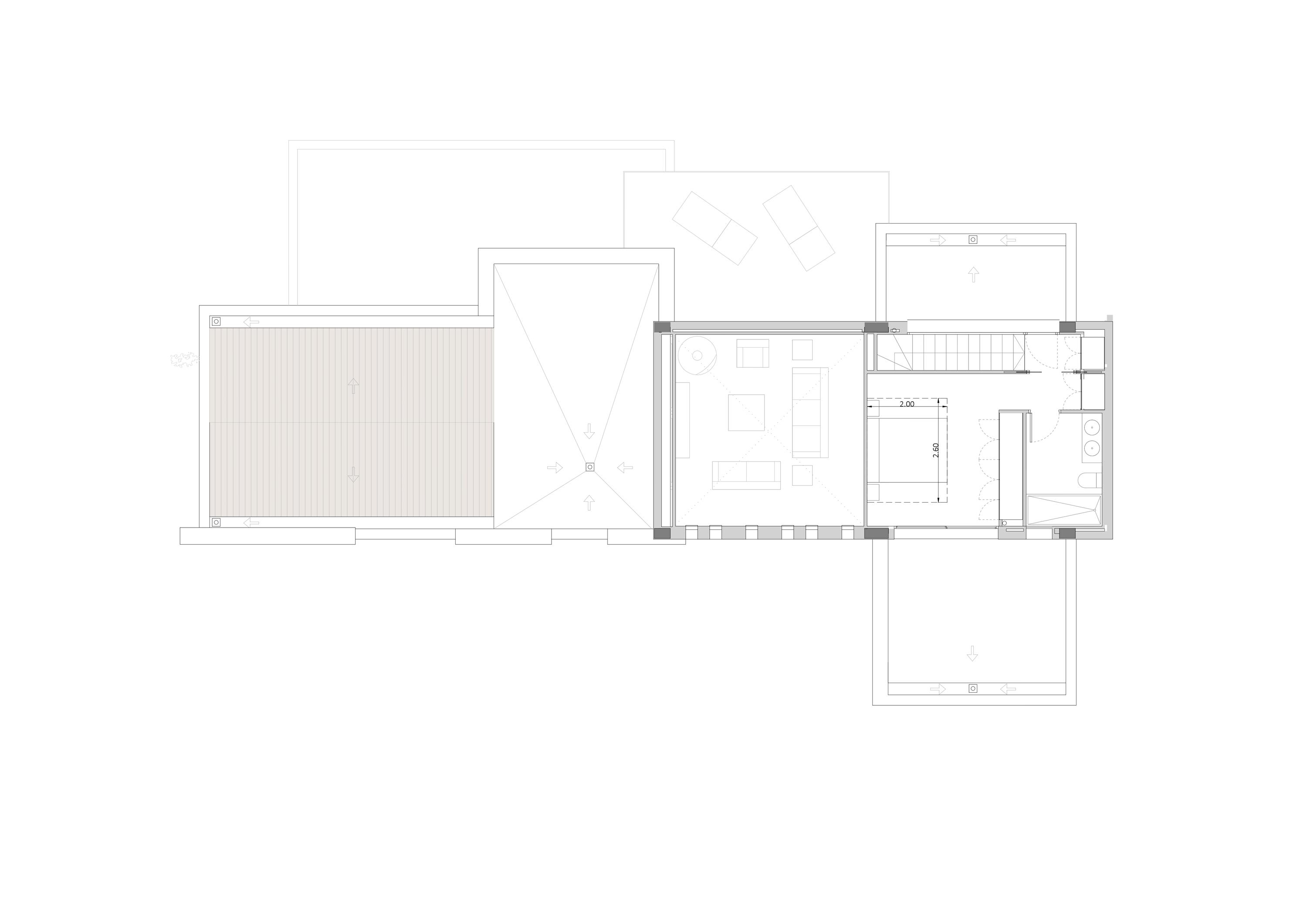 Plan technique de l'étage supérieur détaillant la disposition de la suite parentale avec dressing, salle de bain attenante et accès aux terrasses.
