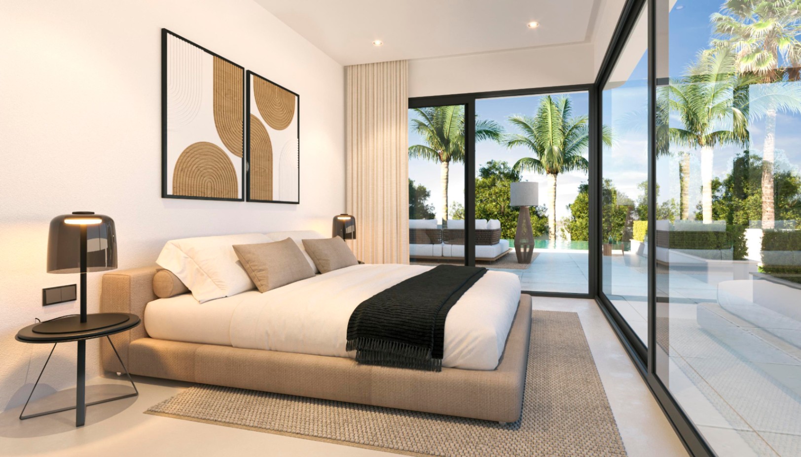 Chambre principale au design minimaliste avec de grandes baies vitrées coulissantes offrant un accès direct à la terrasse de la piscine et au jardin méditerranéen.