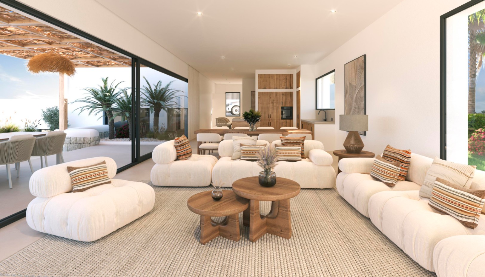 Espace de vie ouvert avec canapés modulaires blancs et tables en bois, s'ouvrant sur une terrasse paysagère via de larges baies vitrées coulissantes.