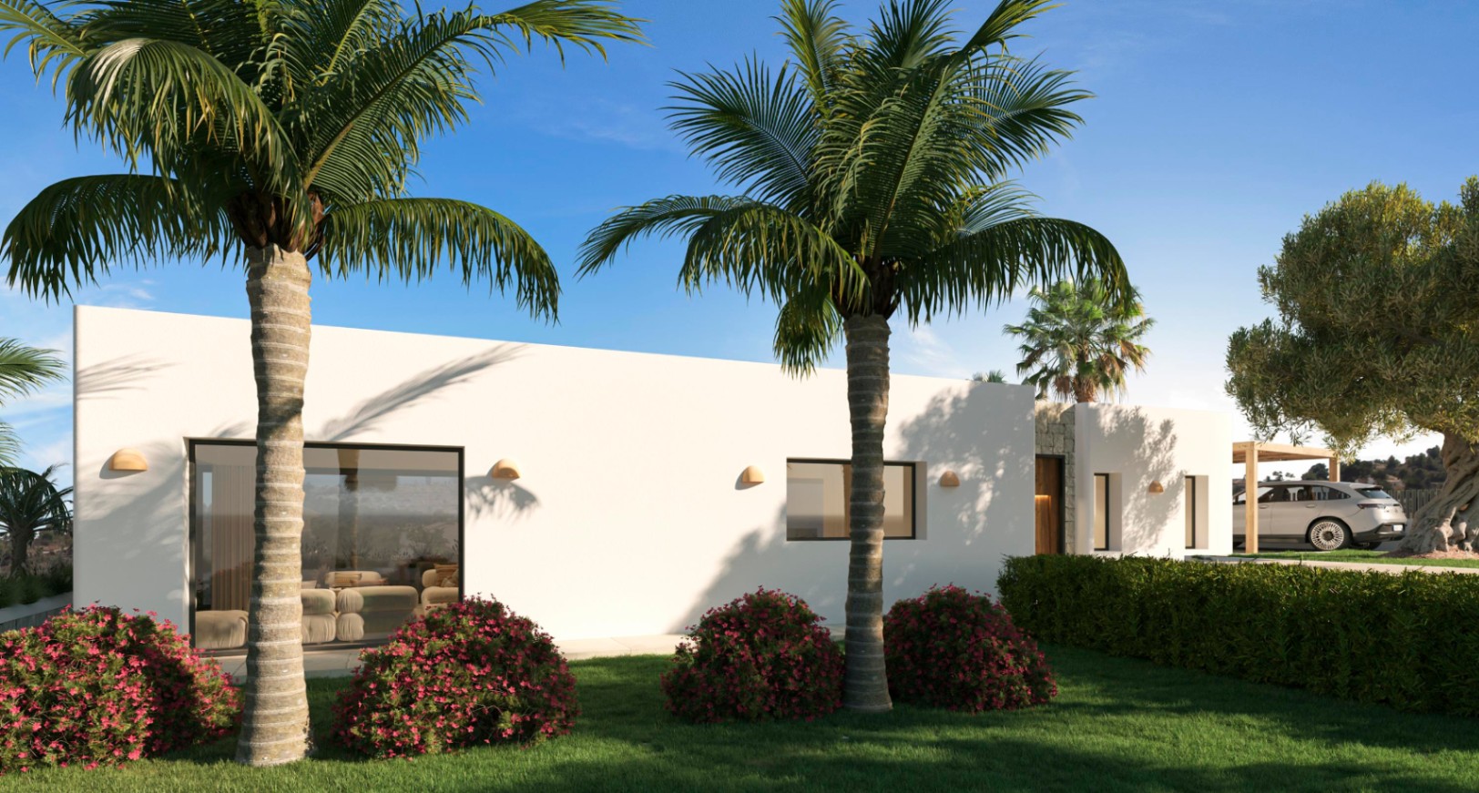 Façade blanche minimaliste avec de larges baies et appliques en céramique, au cœur d'un jardin paysager avec palmiers et un espace de stationnement couvert.