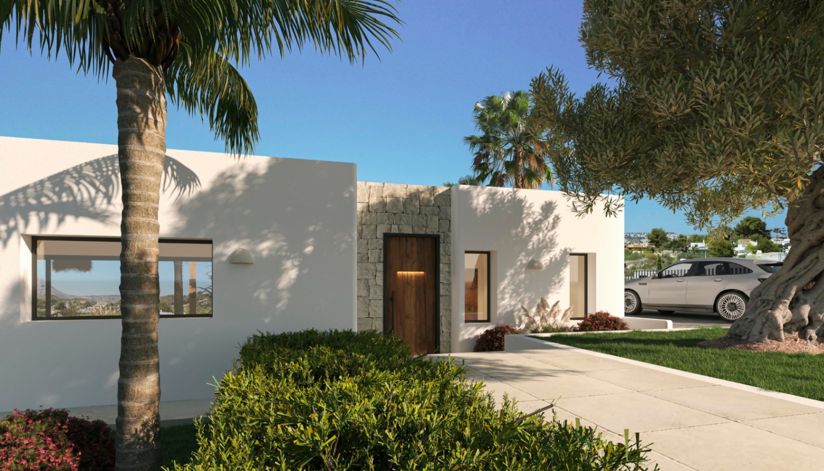 Façade moderne avec murs en crépi blanc et détails en pierre naturelle. L'entrée en bois sombre est entourée d'un jardin méditerranéen avec palmiers et oliviers centenaires.