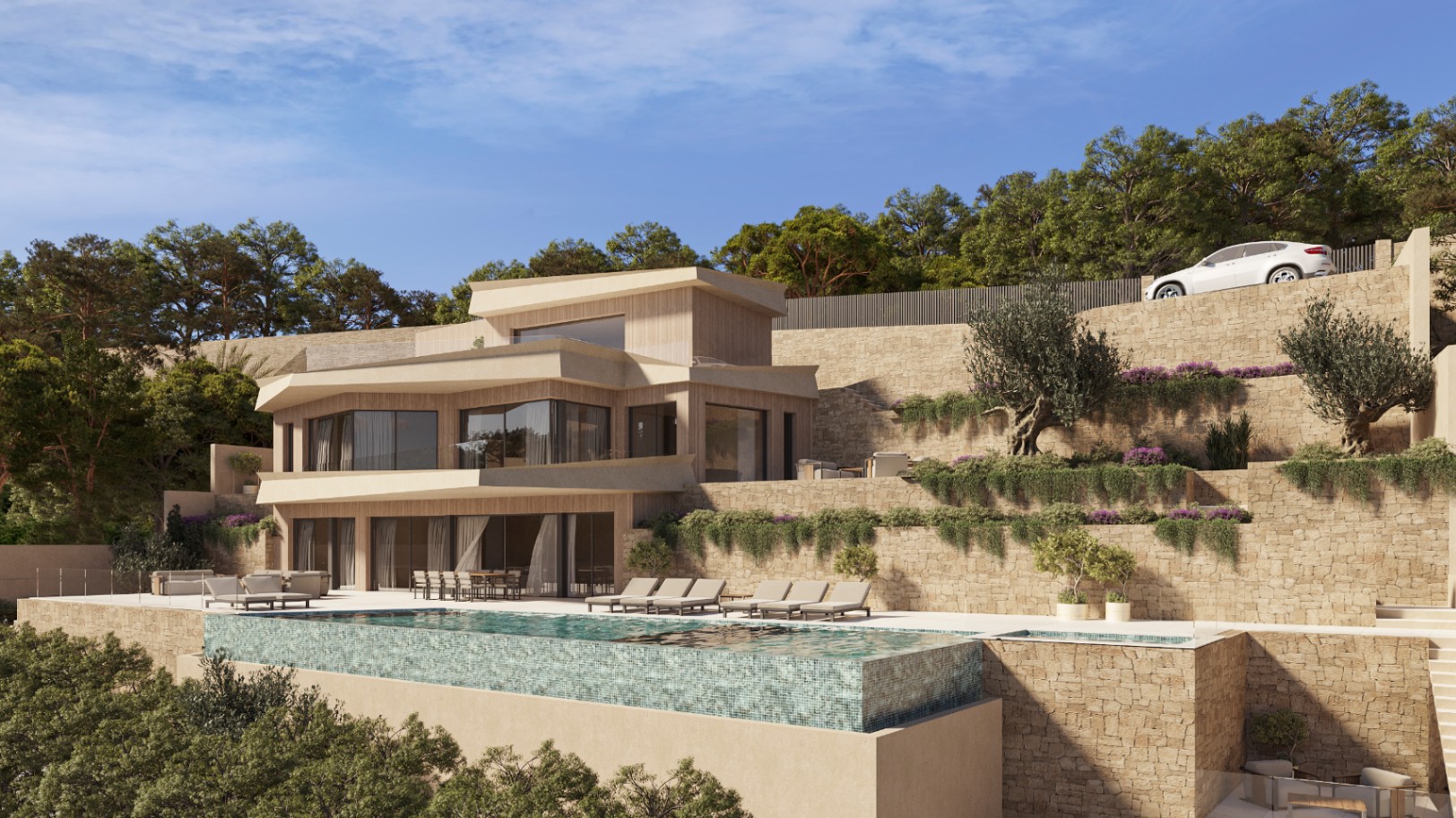 Extérieur de villa moderne avec piscine à débordement, murs en pierre naturelle et jardins en terrasses. Façade en bois et grandes baies vitrées sur la colline.
