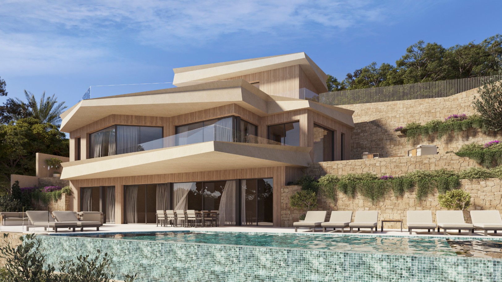 Façade moderne avec piscine à débordement, revêtement en bois et larges baies vitrées. Les murs en pierre naturelle et les terrasses avec garde-corps en verre complètent l'ensemble.