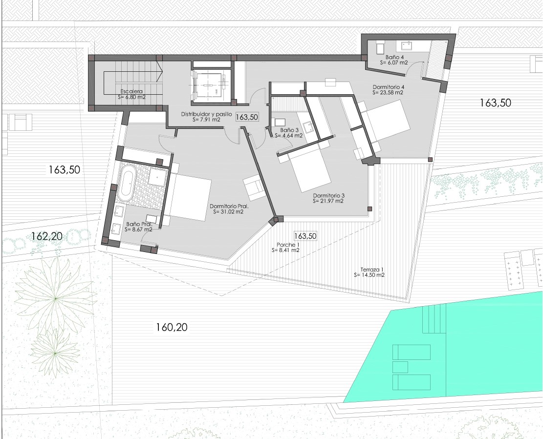 Plan d'architecte de l'étage supérieur illustrant la suite parentale, deux chambres avec salles de bains privatives, l'ascenseur et une grande terrasse.