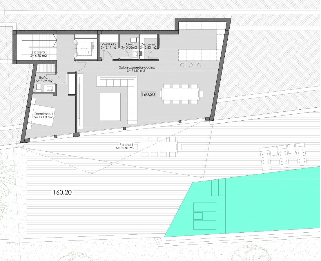 Plan d'architecte du rez-de-chaussée illustrant un vaste espace de vie ouvert de 71 m², une chambre avec salle de bain et une terrasse couverte donnant sur la piscine.