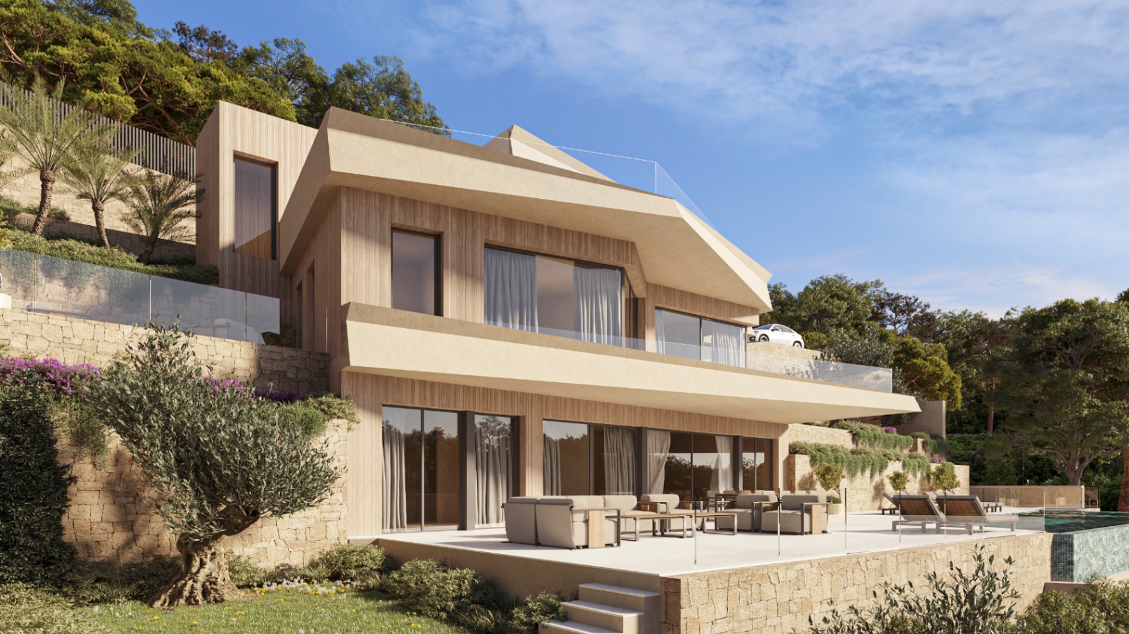 Villa contemporaine à plusieurs niveaux avec parement en bois, murs en pierre naturelle, vaste terrasse aménagée et piscine à débordement intégrée au relief.