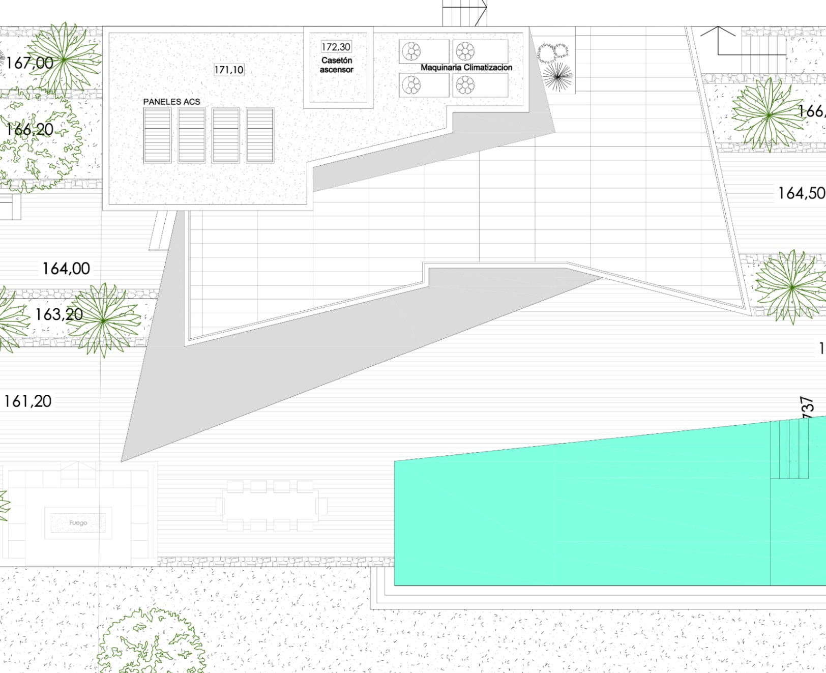 Plan aérien de la villa montrant la piscine, les jardins et les panneaux solaires.