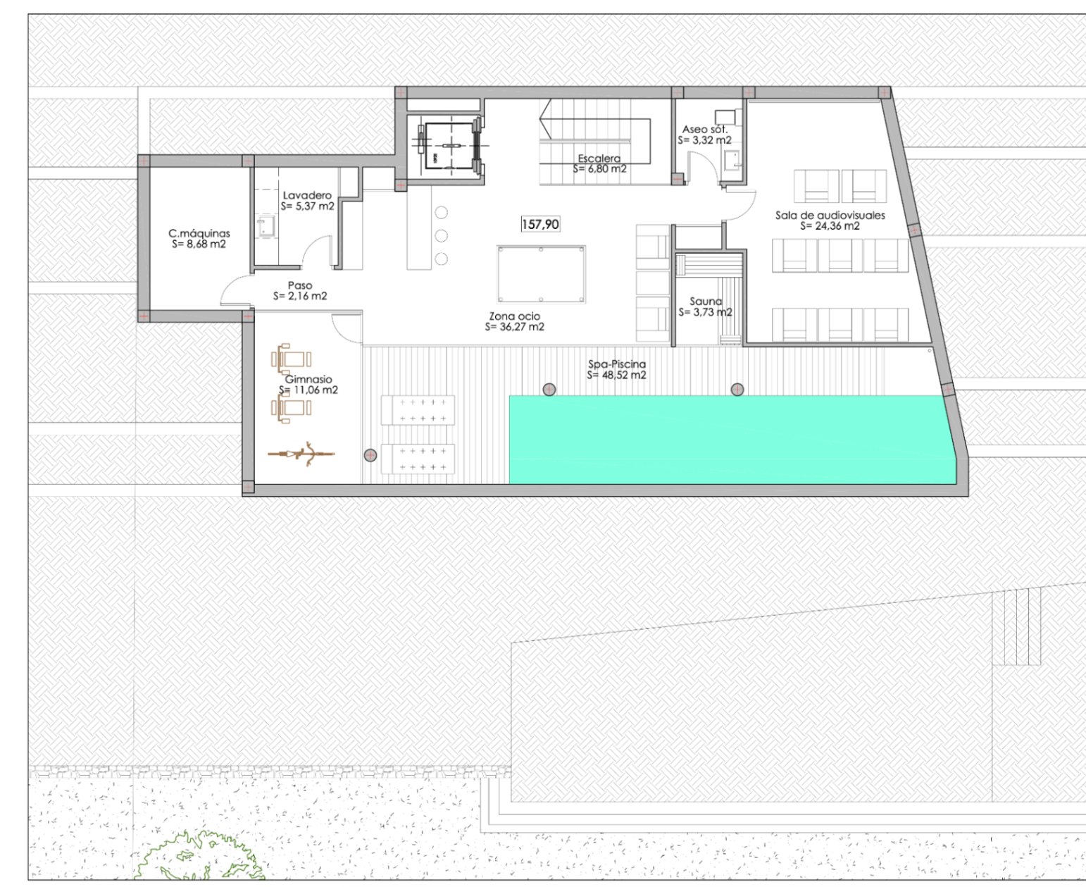 Plan architectural du sous-sol avec salle de sport, spa-piscine, sauna et salle audiovisuelle.