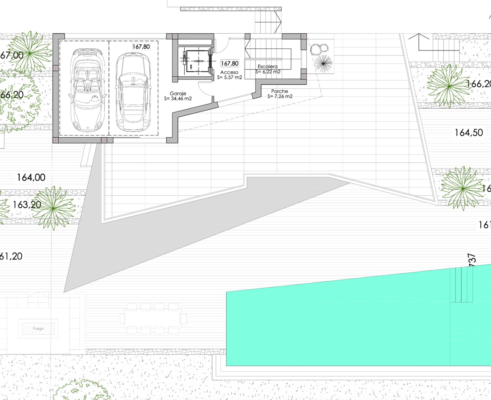 Plan architectural : garage double, accès, escalier, porche et piscine.