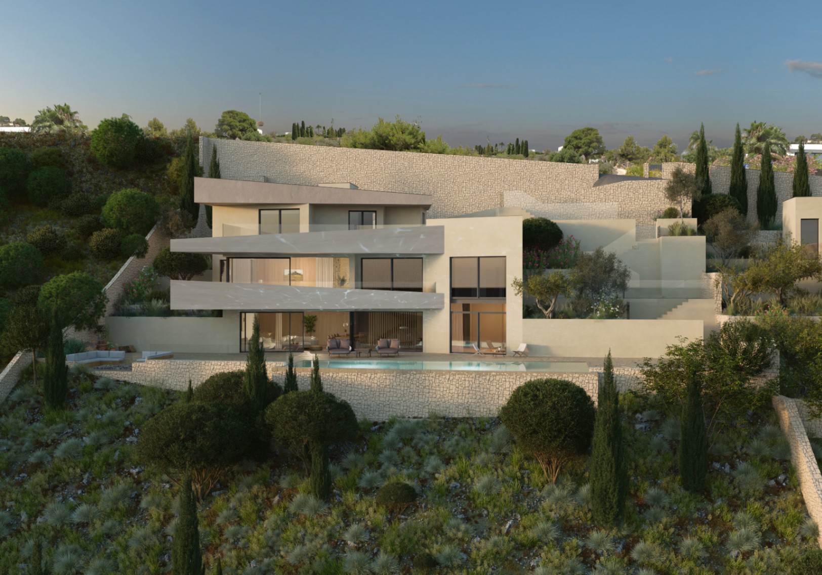 Vue extérieure de la villa à Benissa. Design moderne avec piscine et vastes terrasses intégrées au paysage.