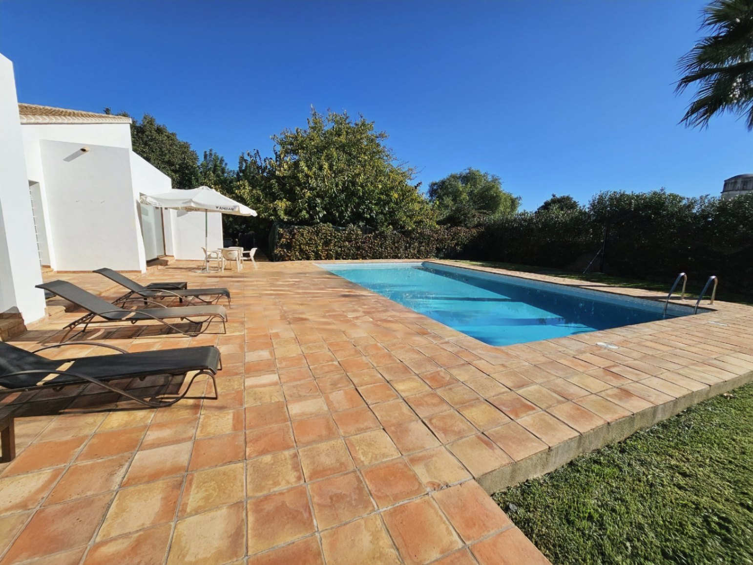 Piscine rectangulaire avec une vaste terrasse en terre cuite artisanale, équipée de bains de soleil et bordée d'une végétation dense offrant une intimité totale.