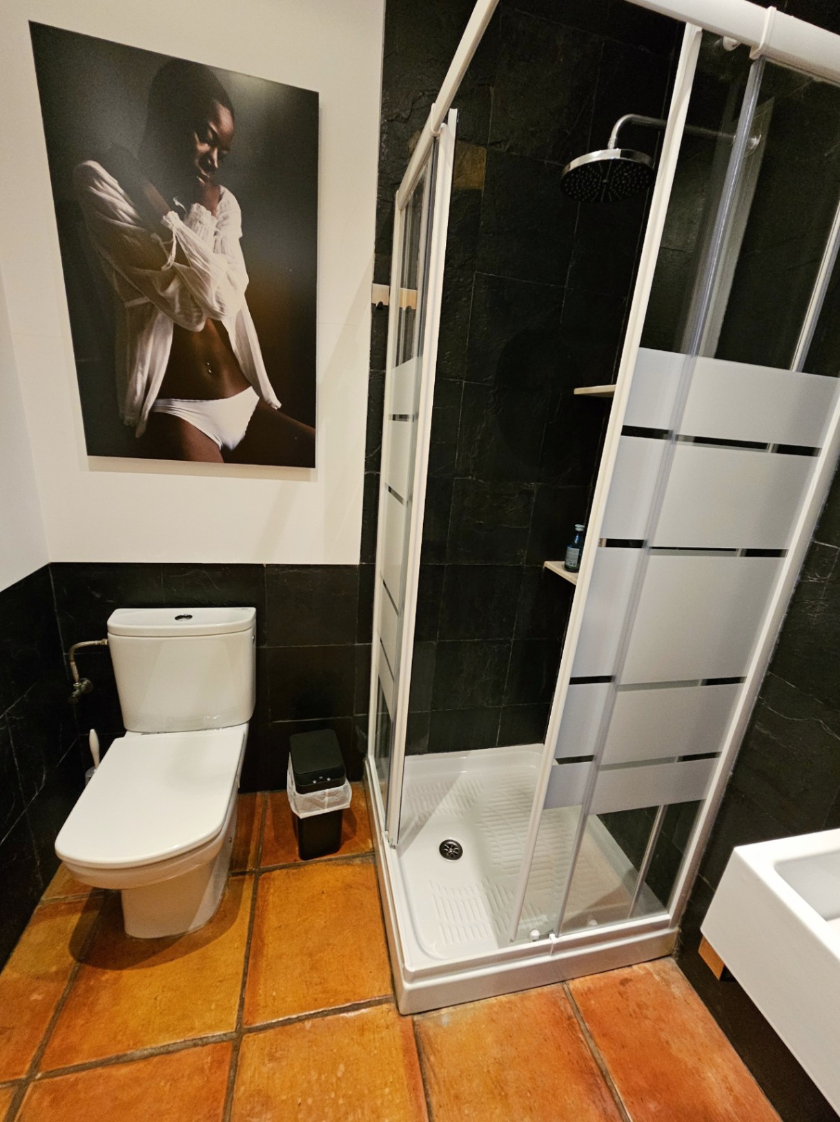 Salle d'eau moderne avec douche à l'italienne, murs en ardoise noire et sol en terre cuite artisanale. Décoration murale artistique.