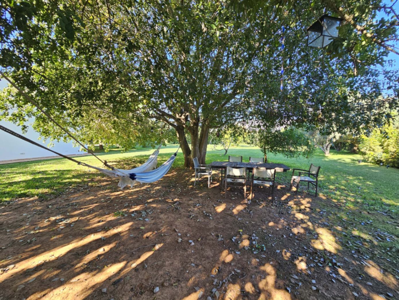 Zone de détente ombragée sous un grand arbre avec hamac et table à manger extérieure, au cœur d'un vaste jardin verdoyant.
