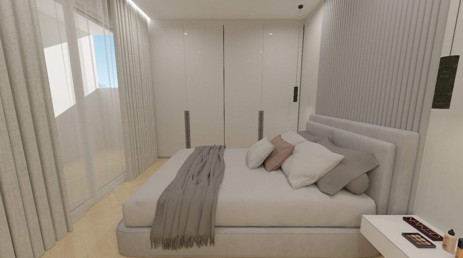 Chambre moderne avec placards intégrés blancs, mur décoratif à lattes verticales et accès direct à la terrasse par de grandes baies vitrées.