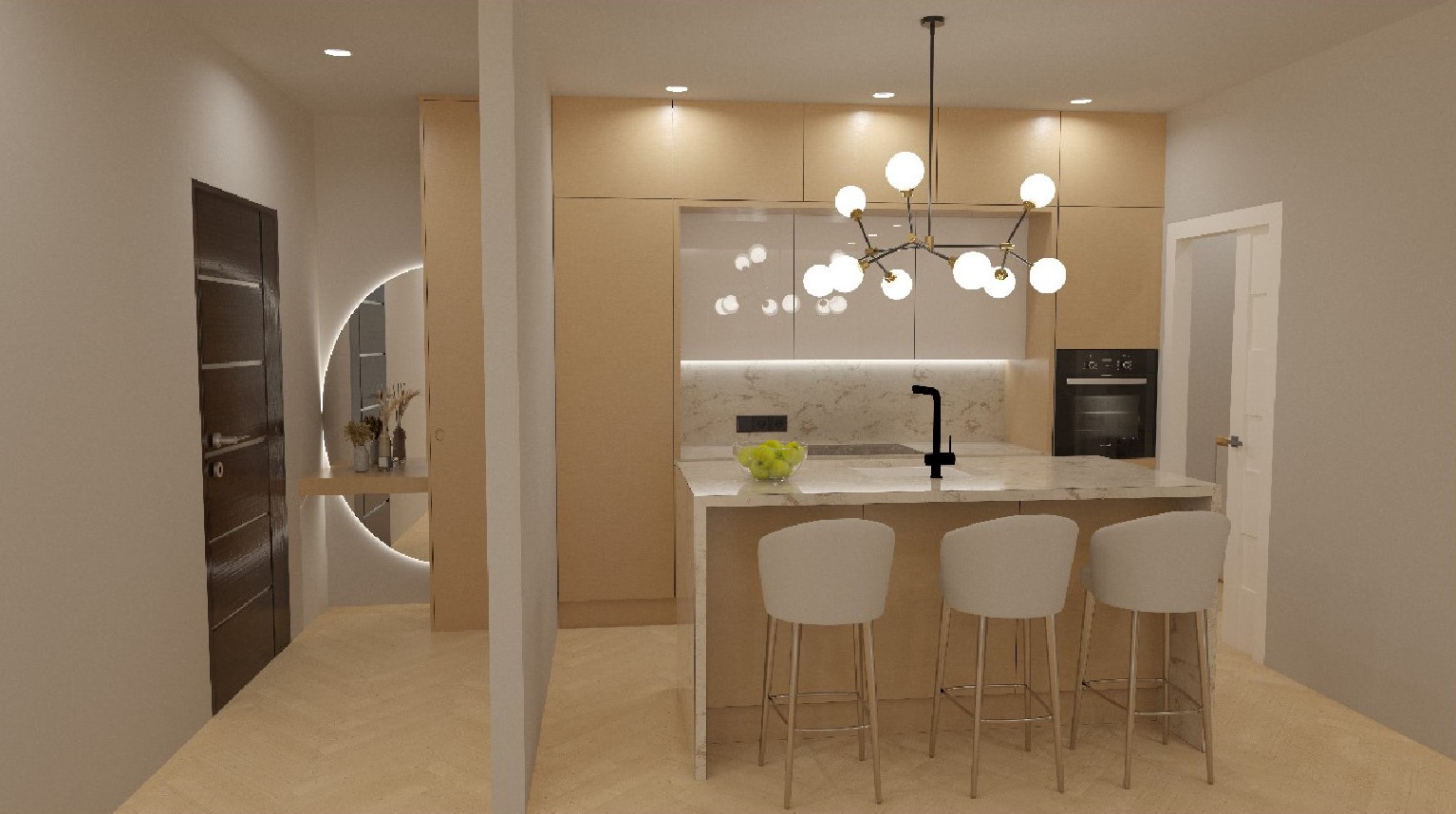 Cuisine ouverte avec îlot à effet marbre, tabourets blancs et lustre design. L'entrée attenante dévoile un miroir circulaire rétroéclairé et un parquet en chevrons.