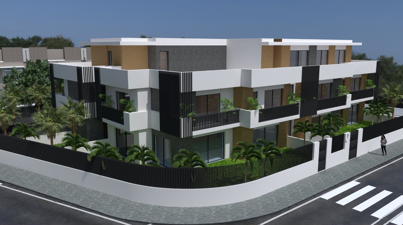 Façade contemporaine aux finitions blanches, bois et pierre, mettant en valeur de larges terrasses privées et un jardin périphérique agrémenté de palmiers.