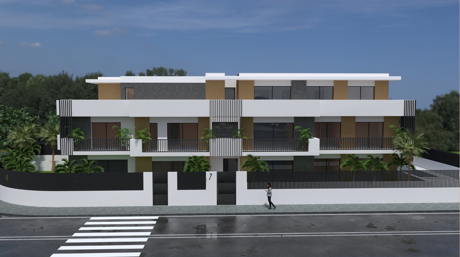 Façade extérieure contemporaine aux finitions blanches, grises et bois, avec de larges terrasses, des garde-corps noirs et une végétation méditerranéenne intégrée.