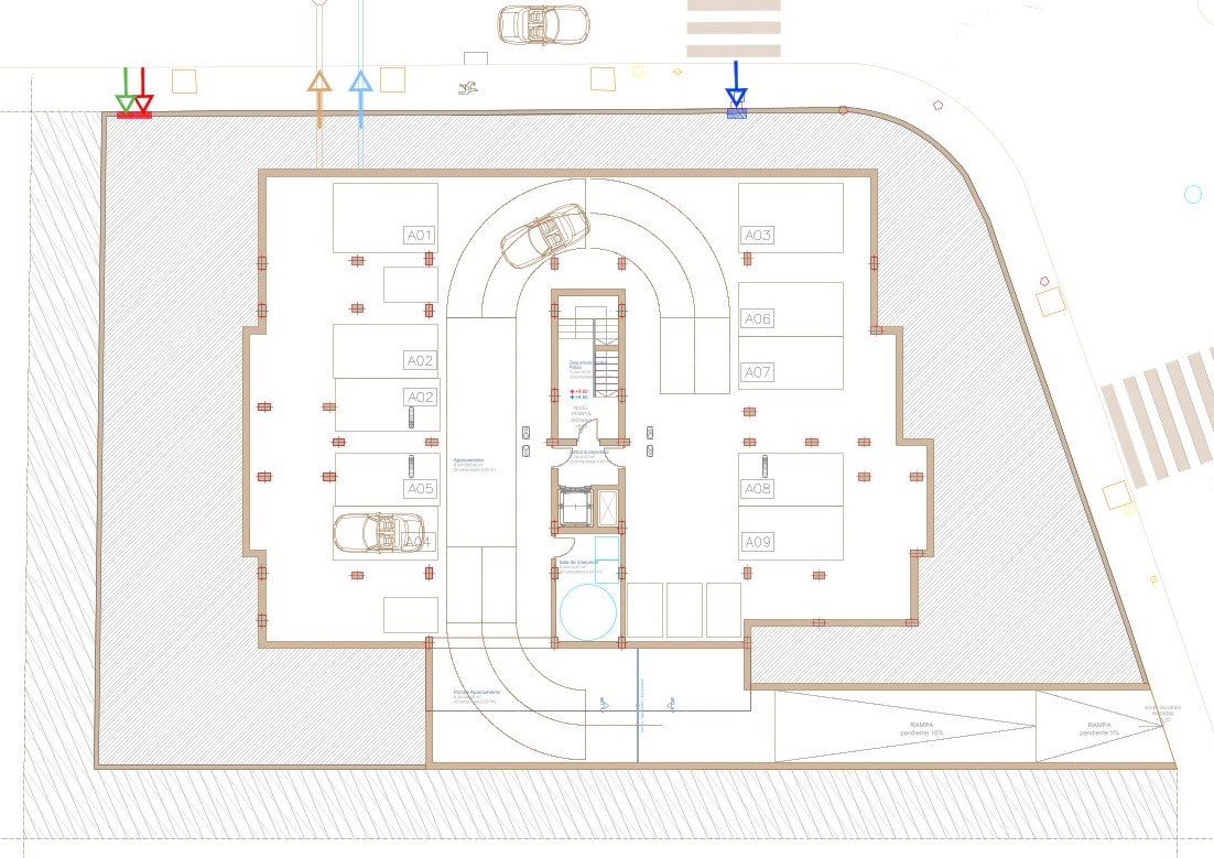 Plan technique du parking souterrain présentant neuf places numérotées, une rampe d'accès circulaire et un noyau central avec ascenseur et escaliers.