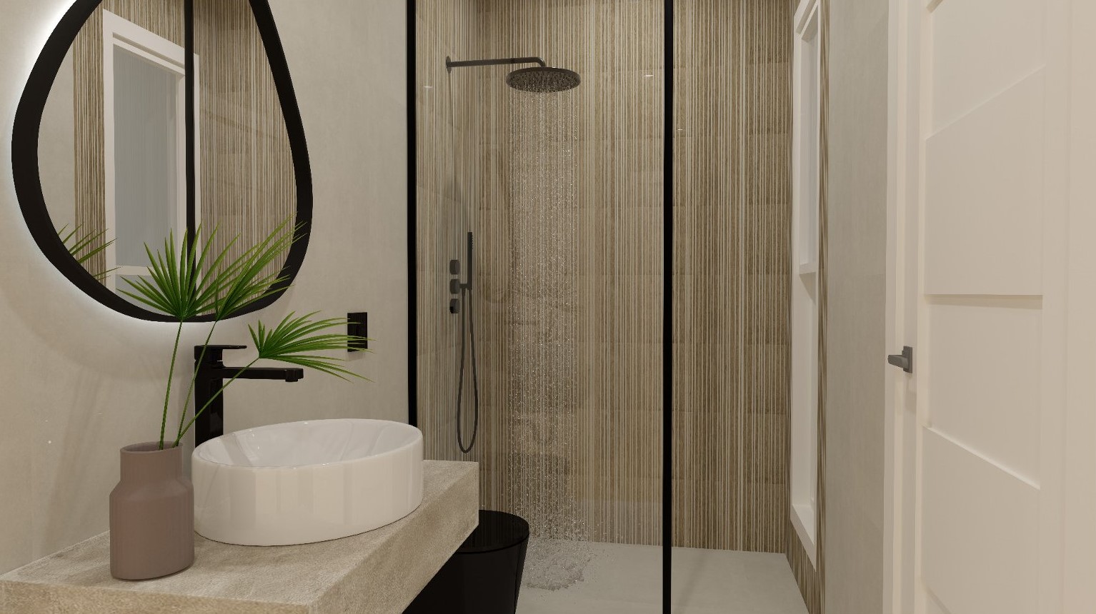 Salle de bain moderne avec douche à l'italienne, robinetterie noire et vasque à poser. Miroir rétroéclairé de forme organique et carrelage mural texturé vertical.