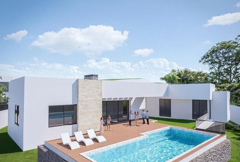 Extérieur à l'architecture moderne avec piscine, terrasse en bois et façade blanche agrémentée d'un mur en pierre naturelle et de baies vitrées.