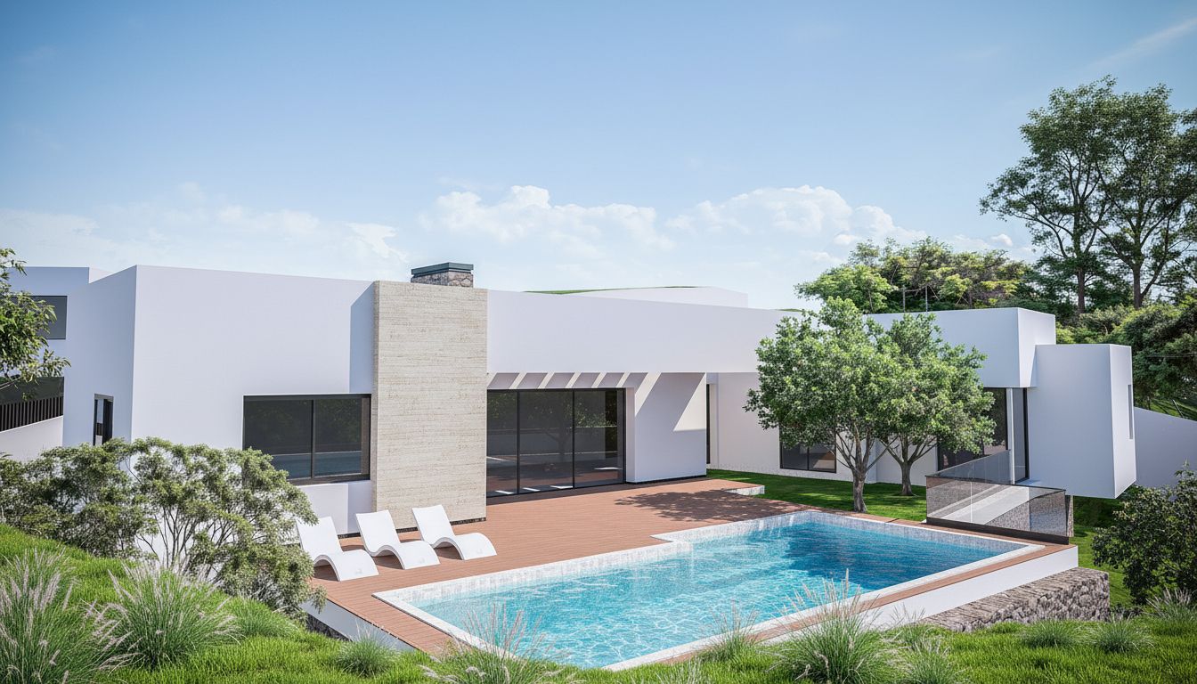 Extérieur de la villa moderne avec piscine rectangulaire, terrasse en bois et façade blanche minimaliste agrémentée de détails en pierre naturelle.