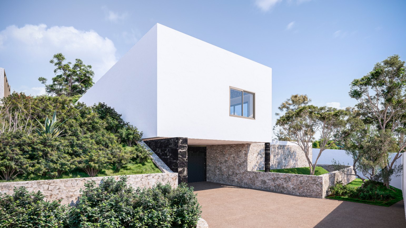 Façade minimaliste avec un volume supérieur blanc en porte-à-faux sur des murs en pierre naturelle, incluant l'accès au garage et un jardin méditerranéen.