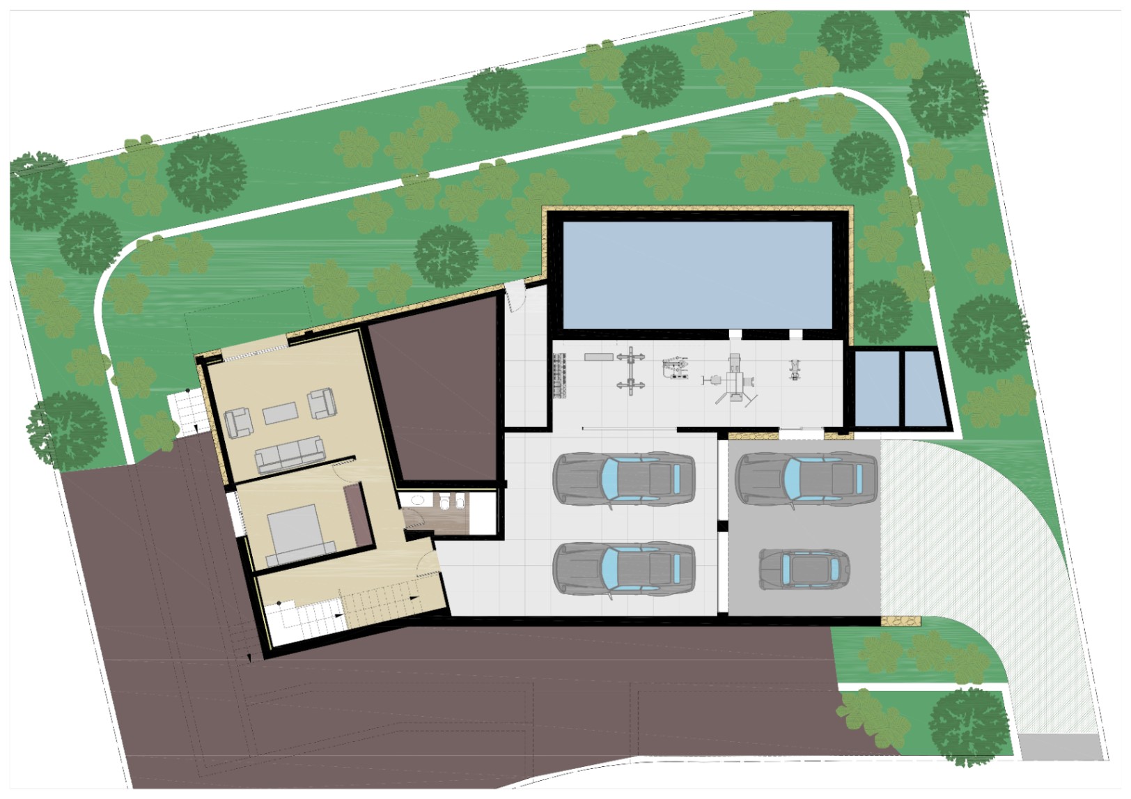 Plan d'architecte du sous-sol illustrant un grand garage, un espace fitness, des zones de rangement et une suite indépendante pour les invités.