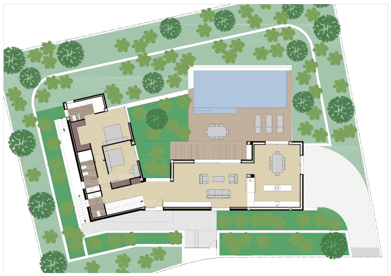 Plan détaillé du rez-de-chaussée illustrant l'espace de vie ouvert, deux chambres et la grande terrasse avec piscine entourée d'un jardin paysager.