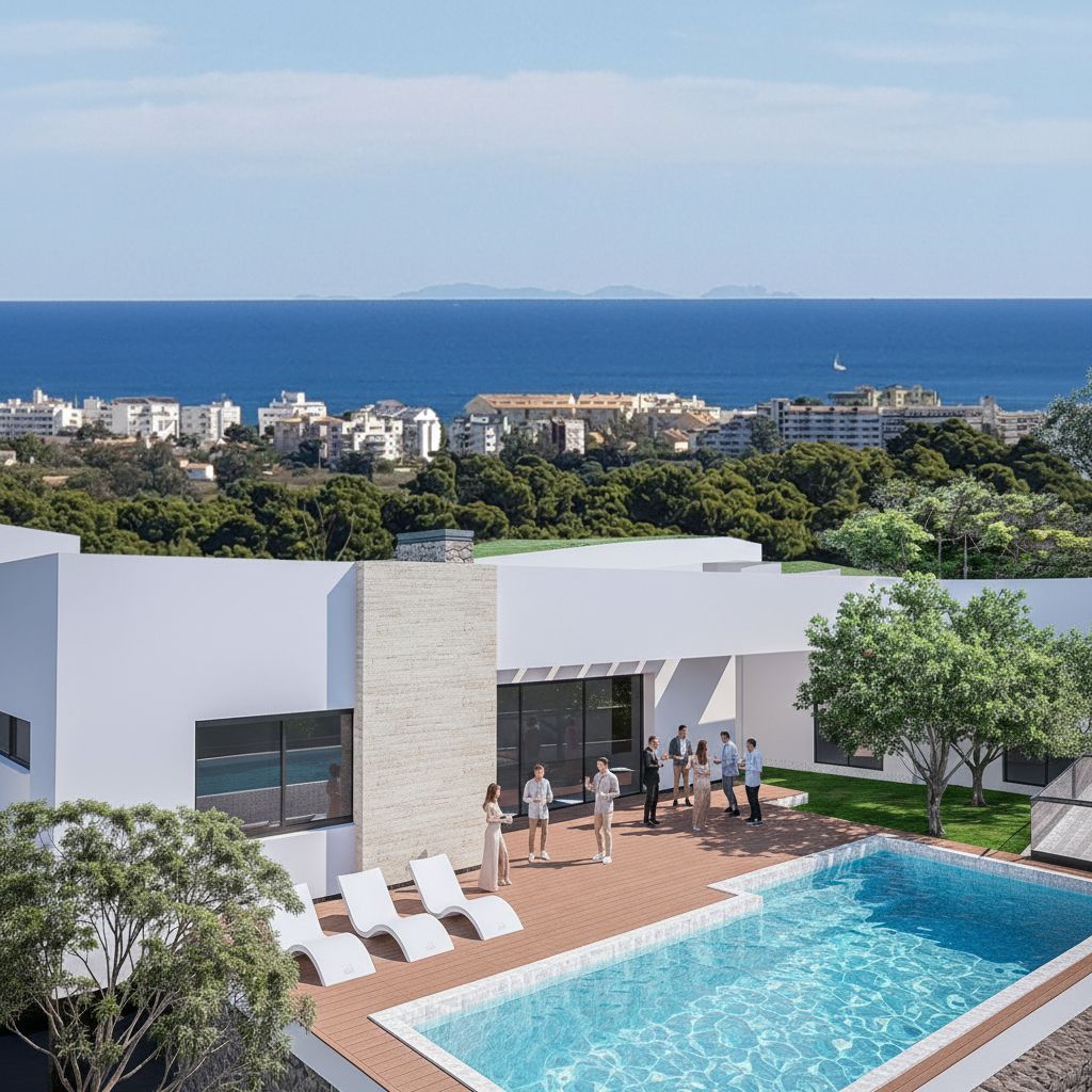 Vue extérieure de la villa avec piscine, terrasse en bois et architecture moderne blanche, offrant un panorama dégagé sur la mer Méditerranée.