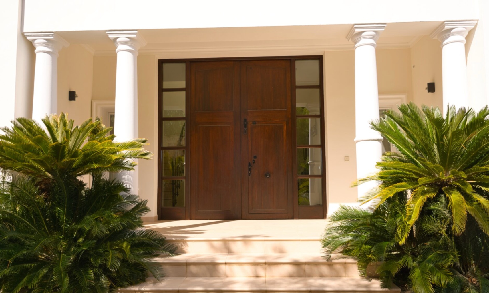 Entrée principale avec double porte en bois sombre et vitrages latéraux, encadrée par des colonnes blanches classiques et des cycas.