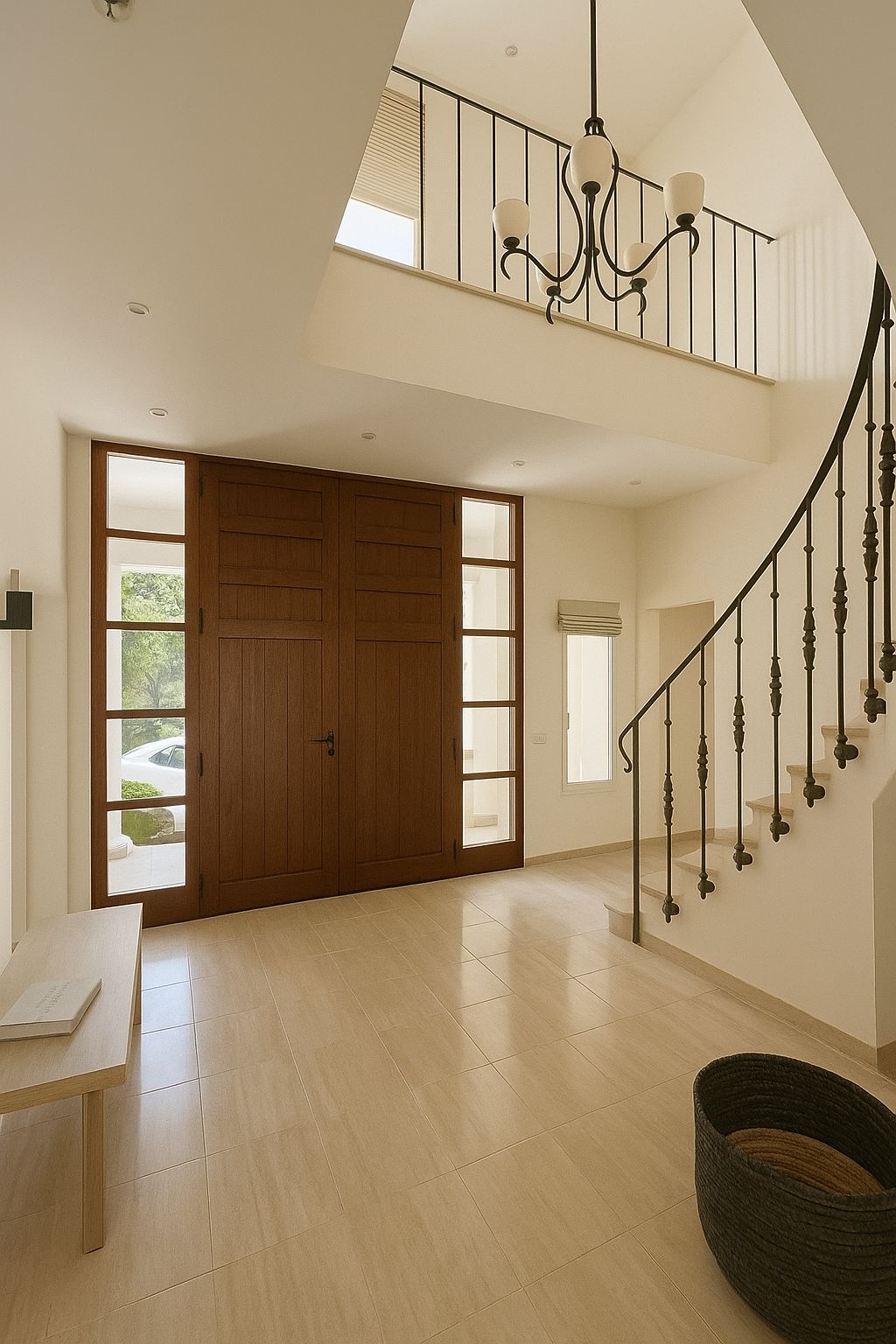 Hall d'entrée avec double porte en bois, vitrages latéraux et escalier tournant à rampe en fer forgé. L'espace dispose d'une double hauteur sous plafond et d'un lustre classique.