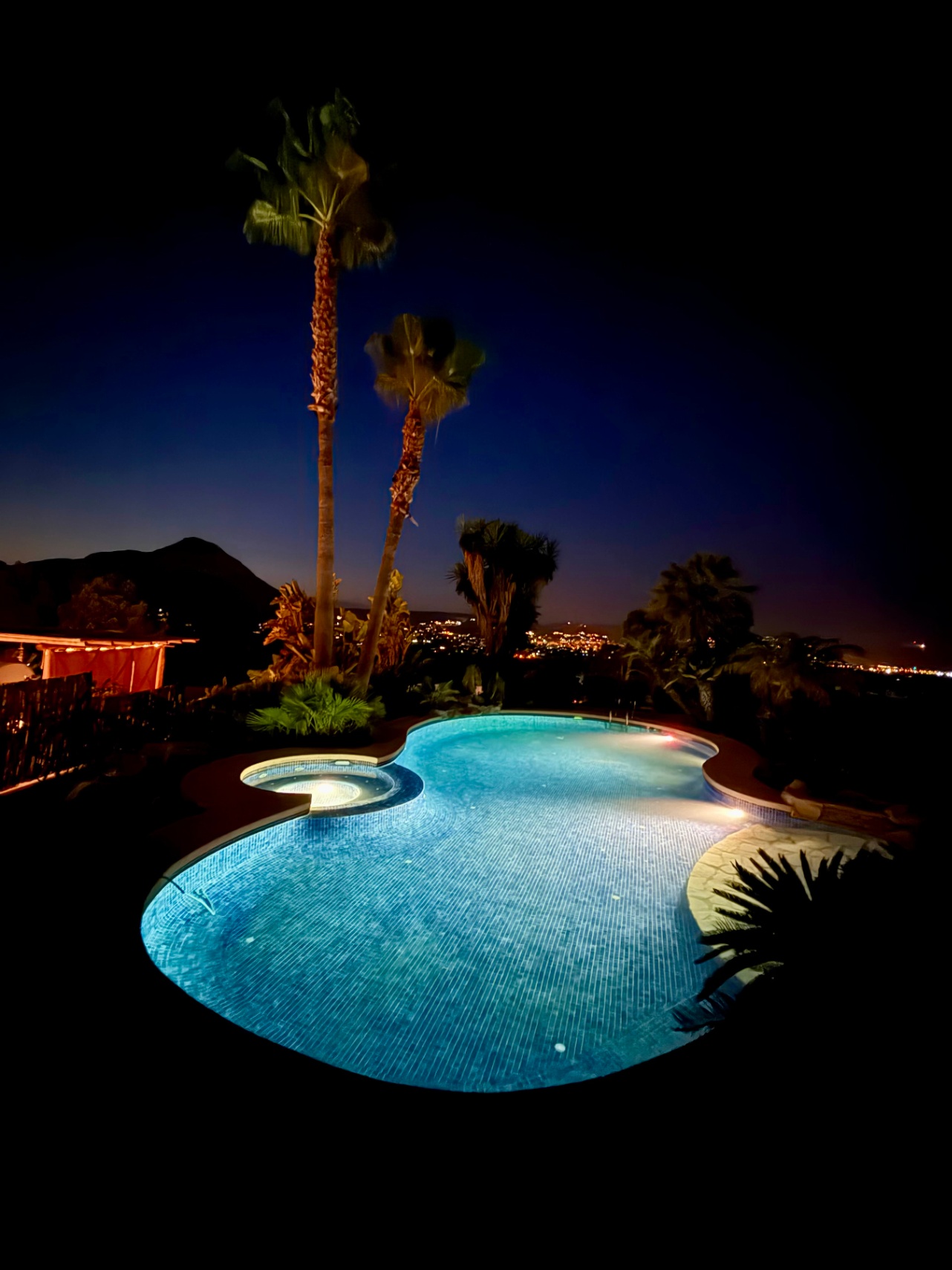 Piscine illuminée aux formes organiques avec jacuzzi intégré, entourée de palmiers et de jardins tropicaux avec vue nocturne sur le Montgó.